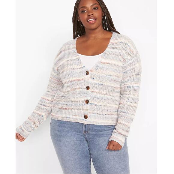 Lane Bryant Button Up Spacedye Multicolor Pastel Cropped Chunky Cardigan 22/24 - Picture 1 of 8
